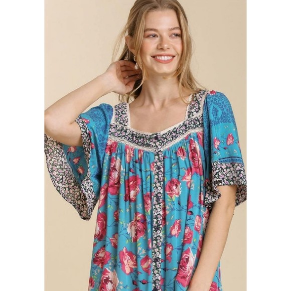 New UMGEE Small Mixed Floral Print Square Neck Ruffle Sleeve Button Front Dress - Picture 3 of 5